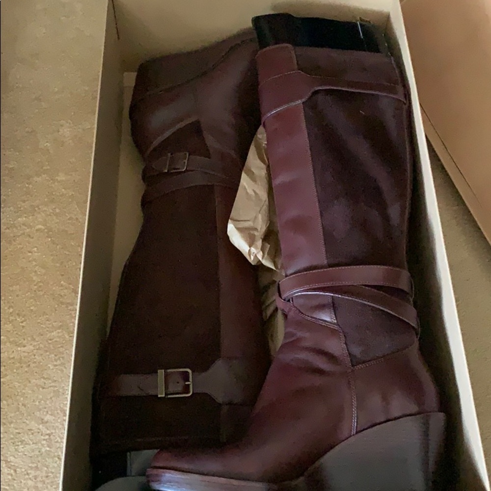 Leather Tall Boots -Wedge Heel